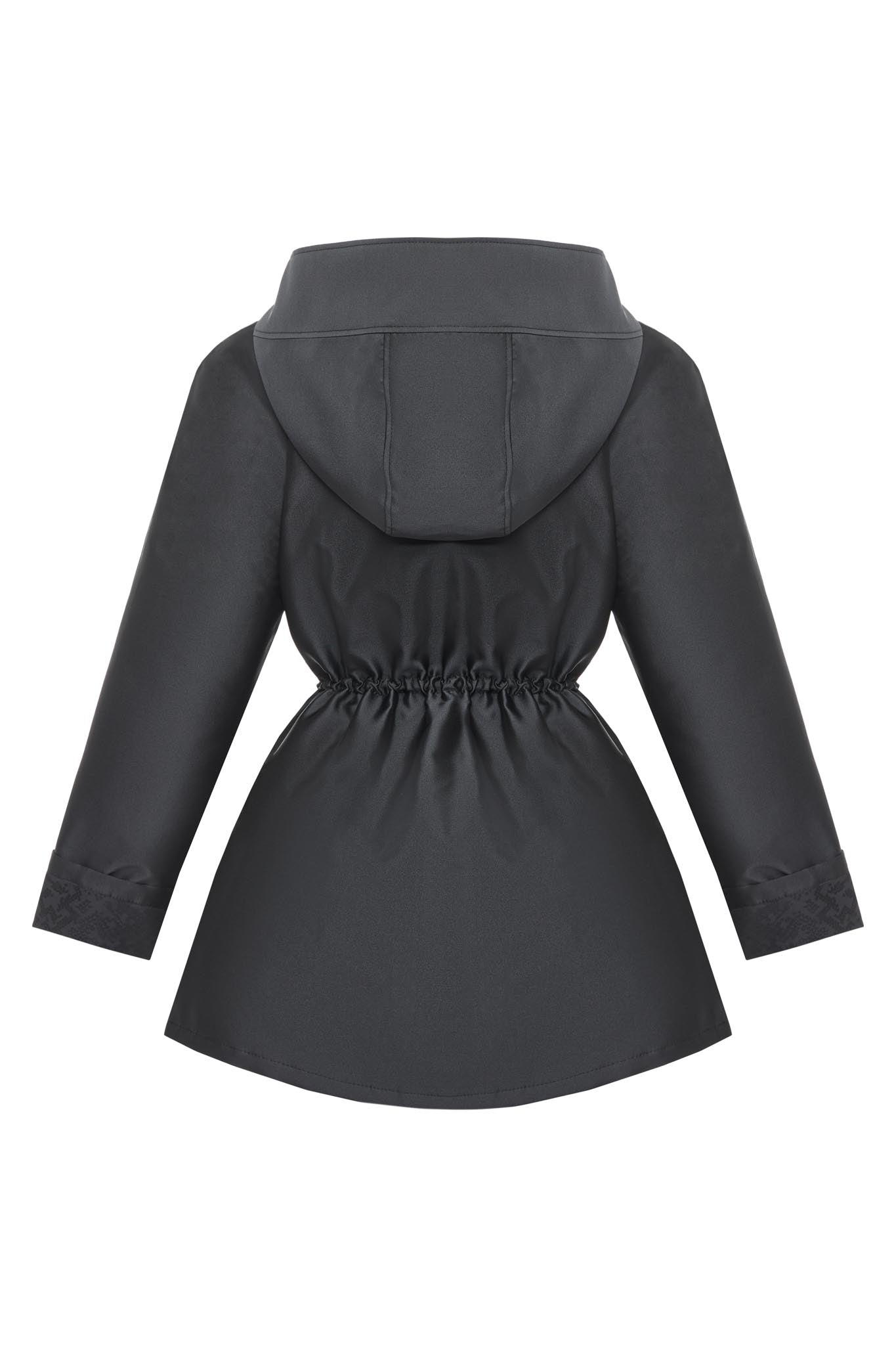 A dark gray hooded raincoat shown from the back, featuring a drawstring waist and long sleeves, set against a plain white background.