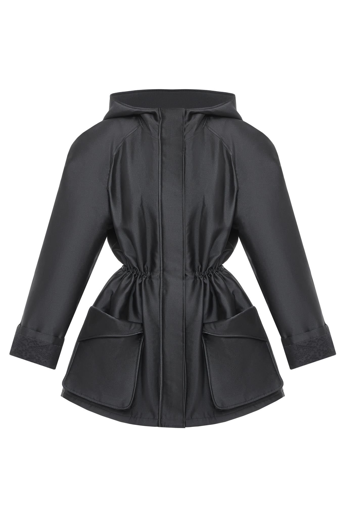 A black hooded raincoat with a gathered waist, long sleeves, and two front patch pockets, shown against a plain white background.