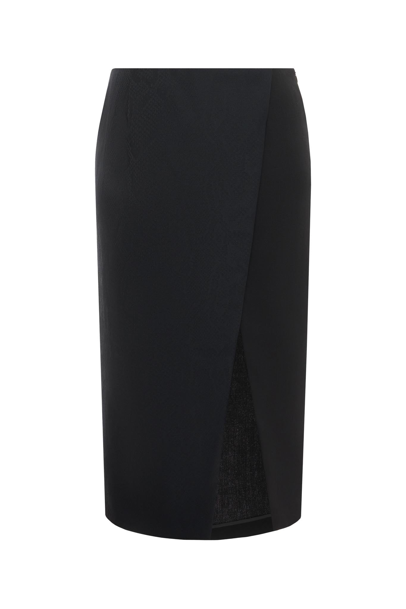 A black wrap-style pencil skirt with a subtle textured pattern, shown against a plain white background.