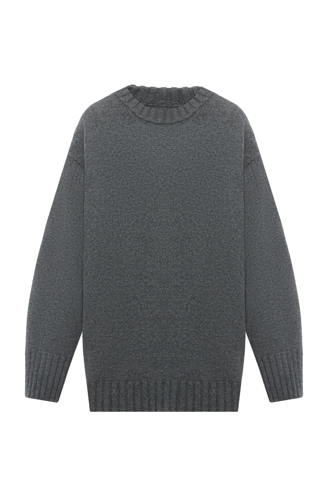 A dark gray knit crewneck sweater with ribbed collar, cuffs, and hem, shown against a plain white background.