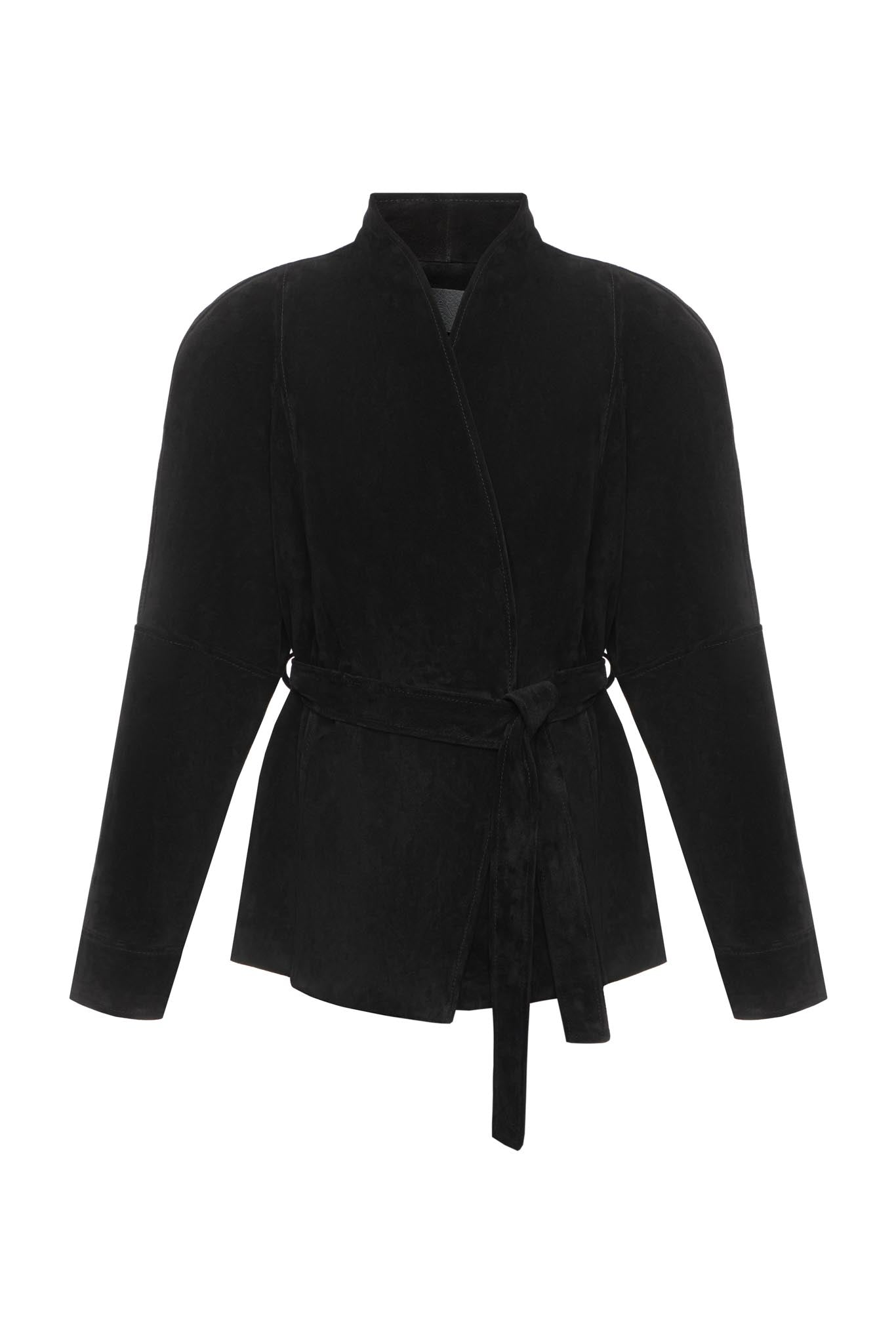 A black long-sleeve wrap-style jacket with a self-tie belt and stand collar, shown against a plain white background.