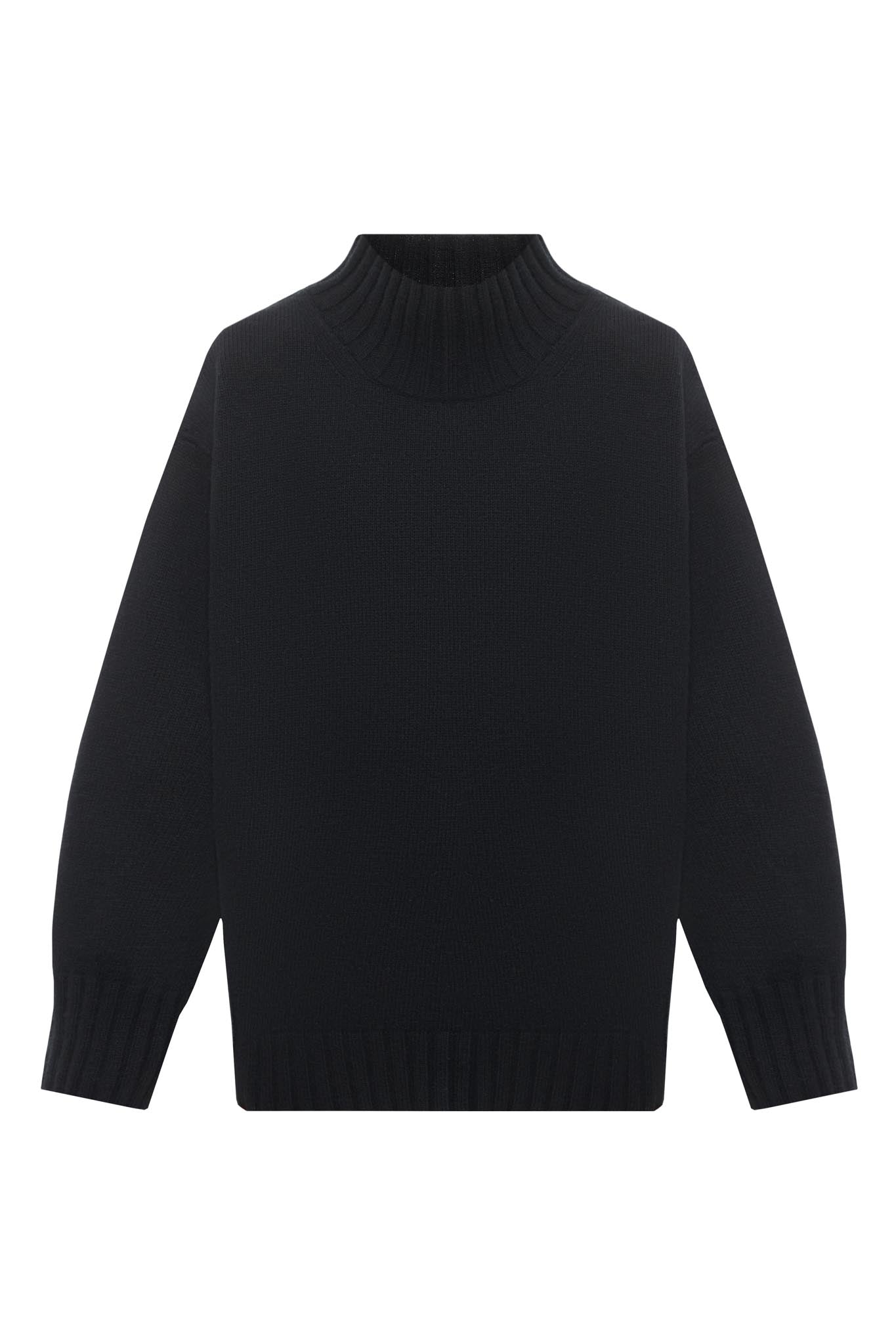 A black ribbed-knit mock neck sweater with long sleeves, shown flat against a solid white background.